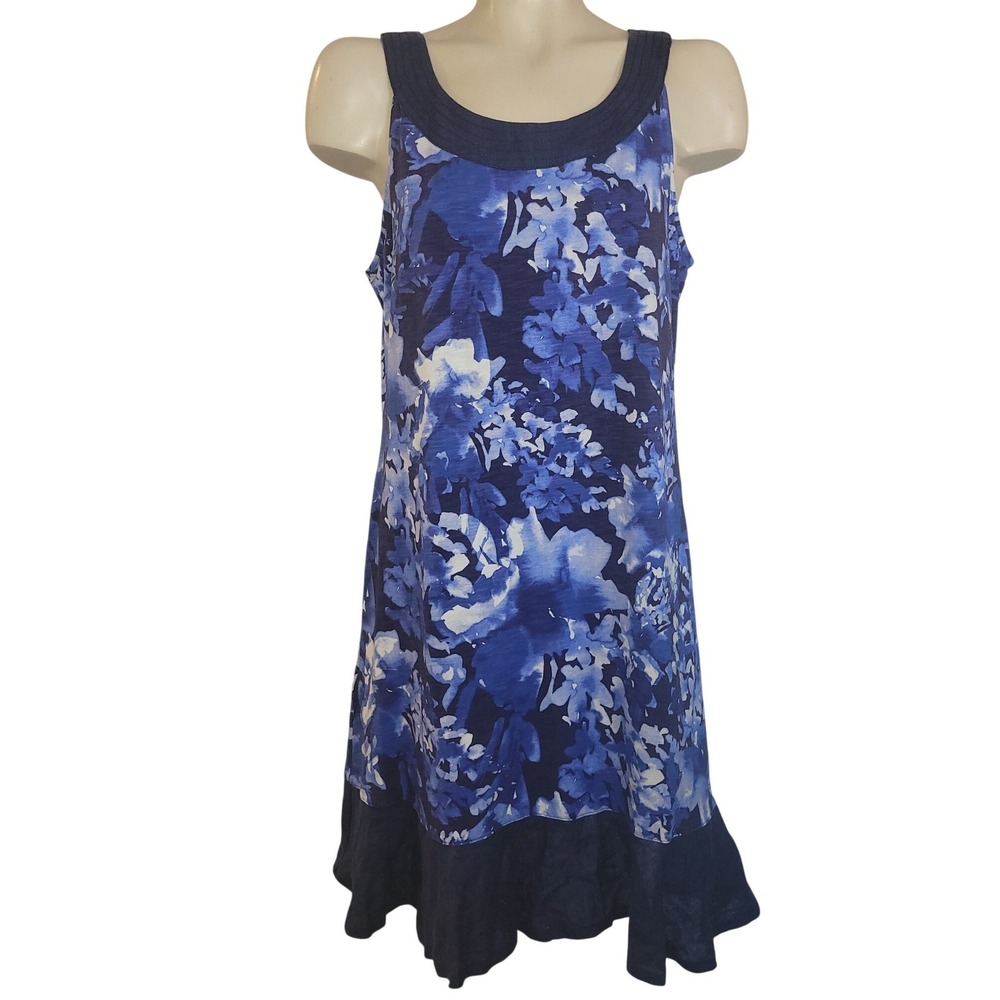 Tommy Bahama Blue Floral Sleeveless Ruffle Hem Jersey Dress M beach coastal cozy
